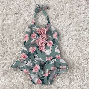 Janie and Jack Green and Pink One Piece Swimsuit with Ruffled Floral Design